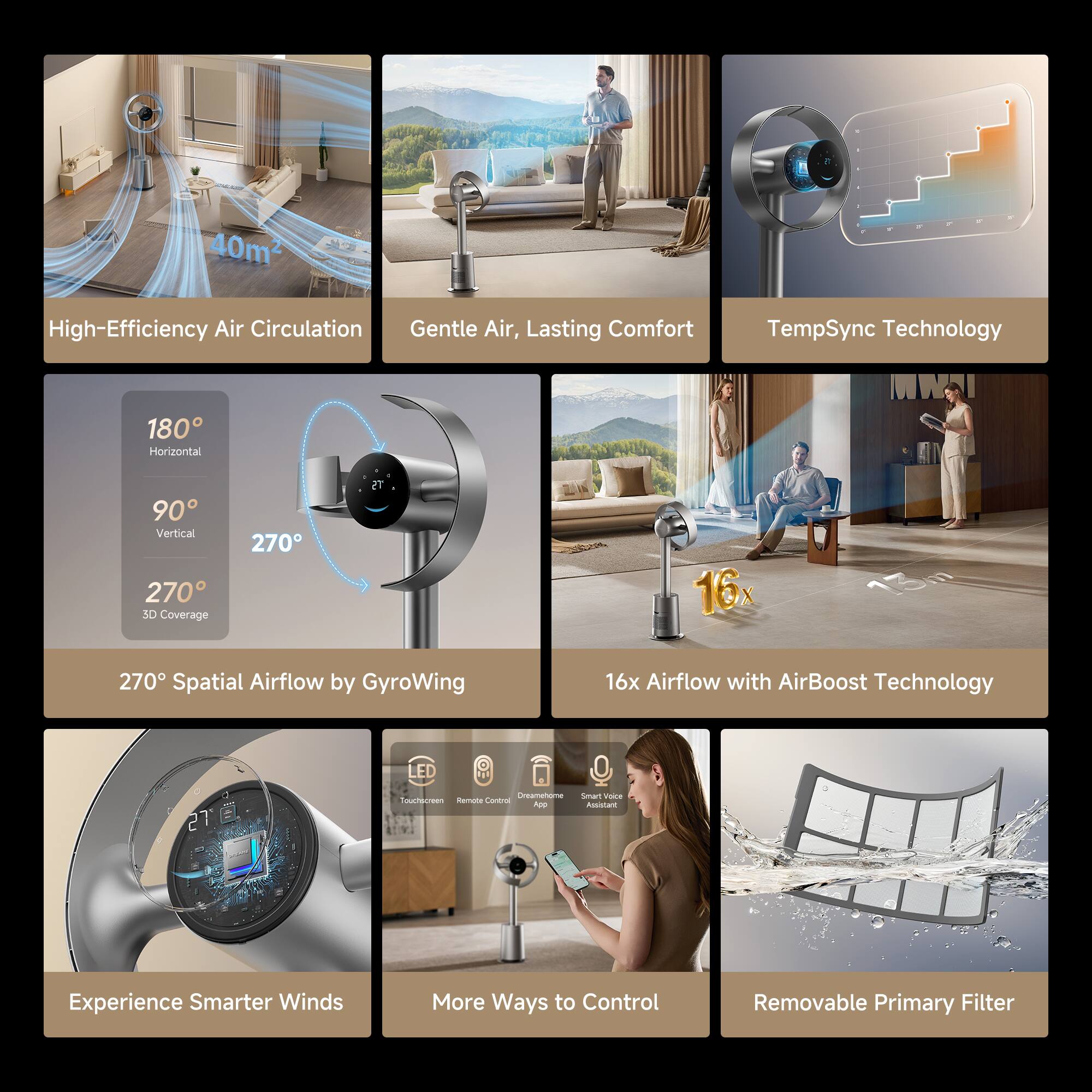 40m² High-Efficiency Air Circulation  
Gentle Air, Lasting Comfort  
TempSync Technology  

180° Horizontal  
90° Vertical  
270° 3D Coverage  

270° Spatial Airflow by GyroWing  
16x Airflow with AirBoost Technology  

LED  
Touchscreen  
Remote Control  
DreamPhone App  
Smart Voice Assistant  

Experience Smarter Winds  
More Ways to Control  
Removable Primary Filter