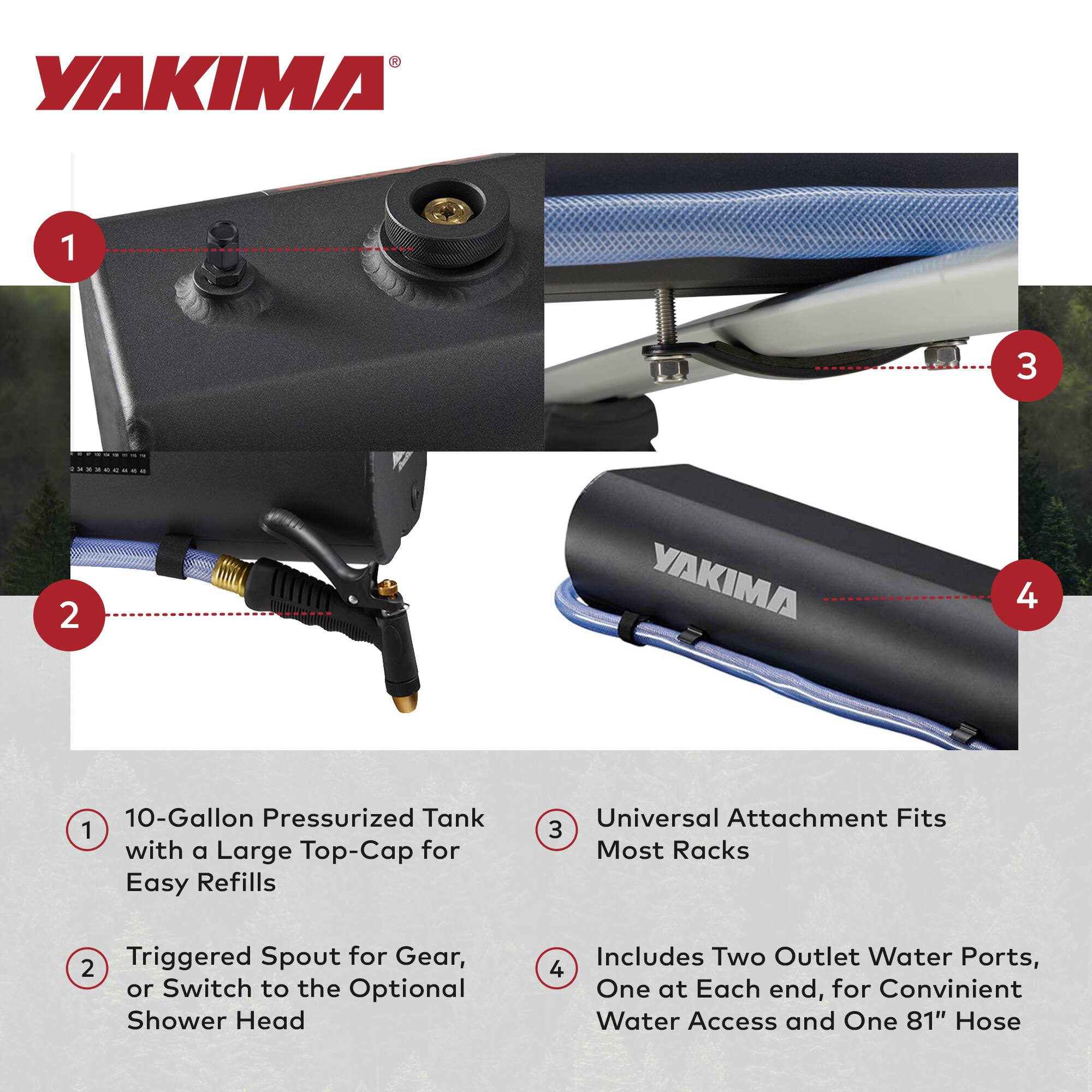 1. 10-Gallon Pressurized Tank with a Large Top-Cap for Easy Refills

2. Triggered Spout for Gear, or Switch to the Optional Shower Head

3. Universal Attachment Fits Most Racks

4. Includes Two Outlet Water Ports, One at Each end, for Convenient Water Access and One 81" Hose