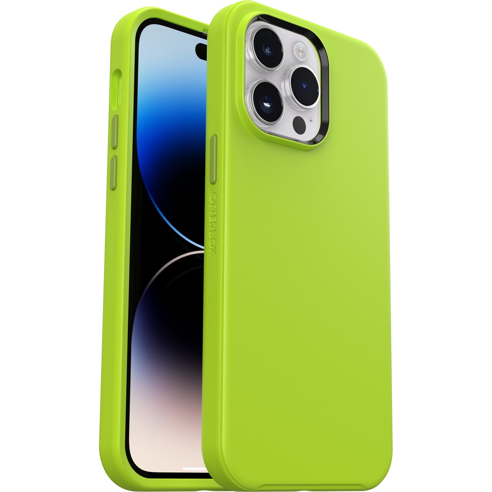 Left. OtterBox - Symmetry Series+ for MagSafe Hard Shell for Apple iPhone 14 Pro Max - Lime All Yours.
