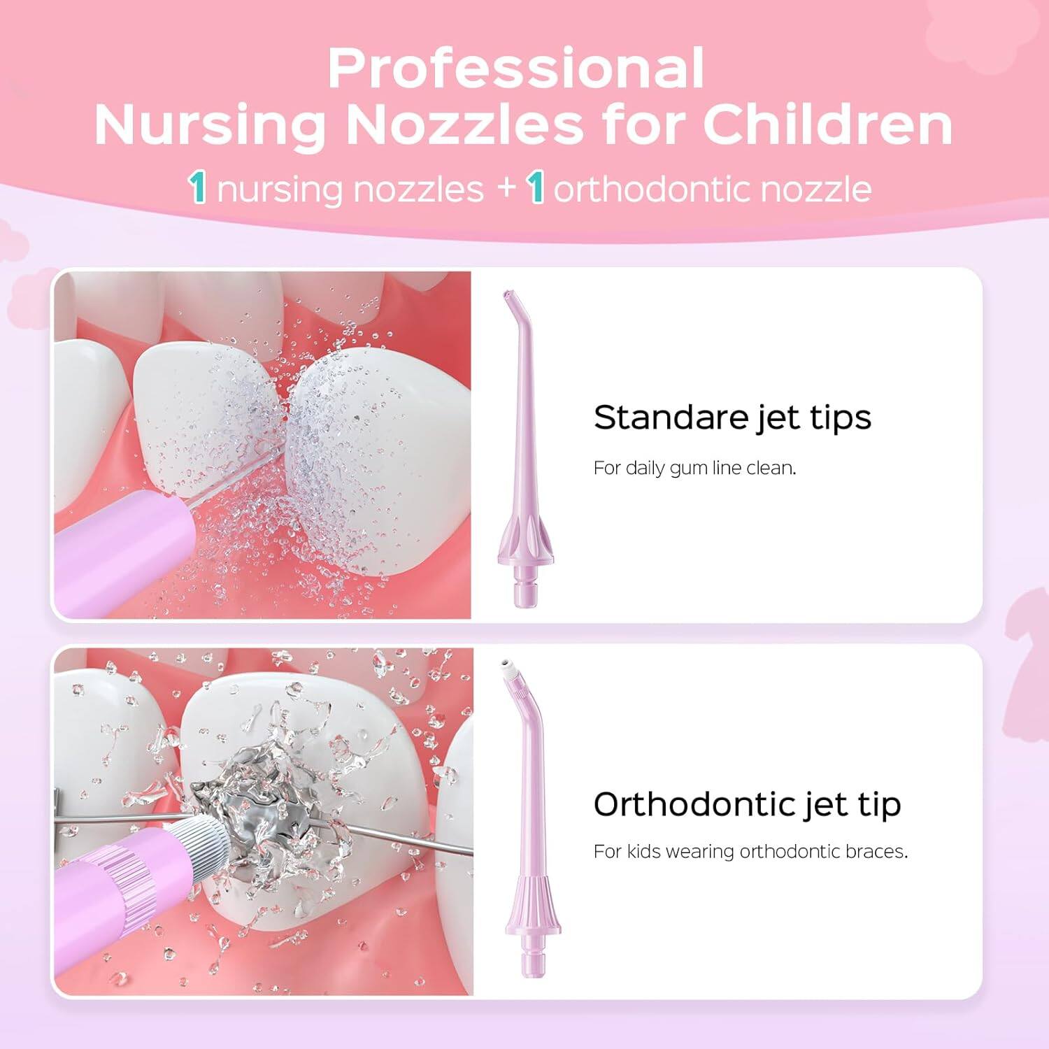 Professional Nursing Nozzles for Children  
1 nursing nozzle + 1 orthodontic nozzle  

Standare jet tips  
For daily gum line clean.  

Orthodontic jet tip  
For kids wearing orthodontic braces.