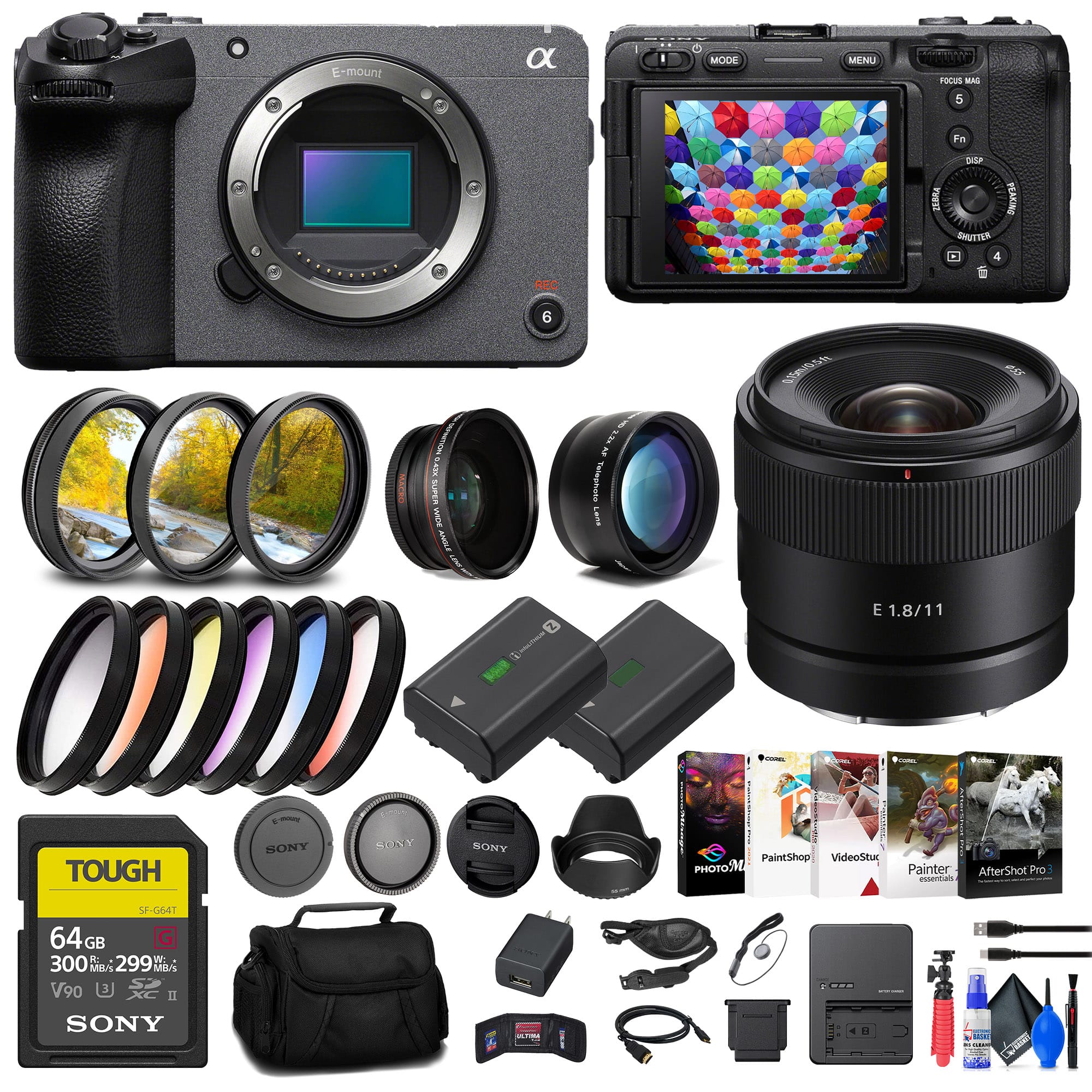 FX30 Digital Cinema Camera + Sony E 11mm Lens + 64GB SF-G Tough Card + More - Black