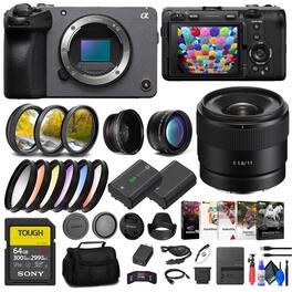 FX30 Digital Cinema Camera + Sony E 11mm Lens + 64GB SF-G Tough Card + More - Black