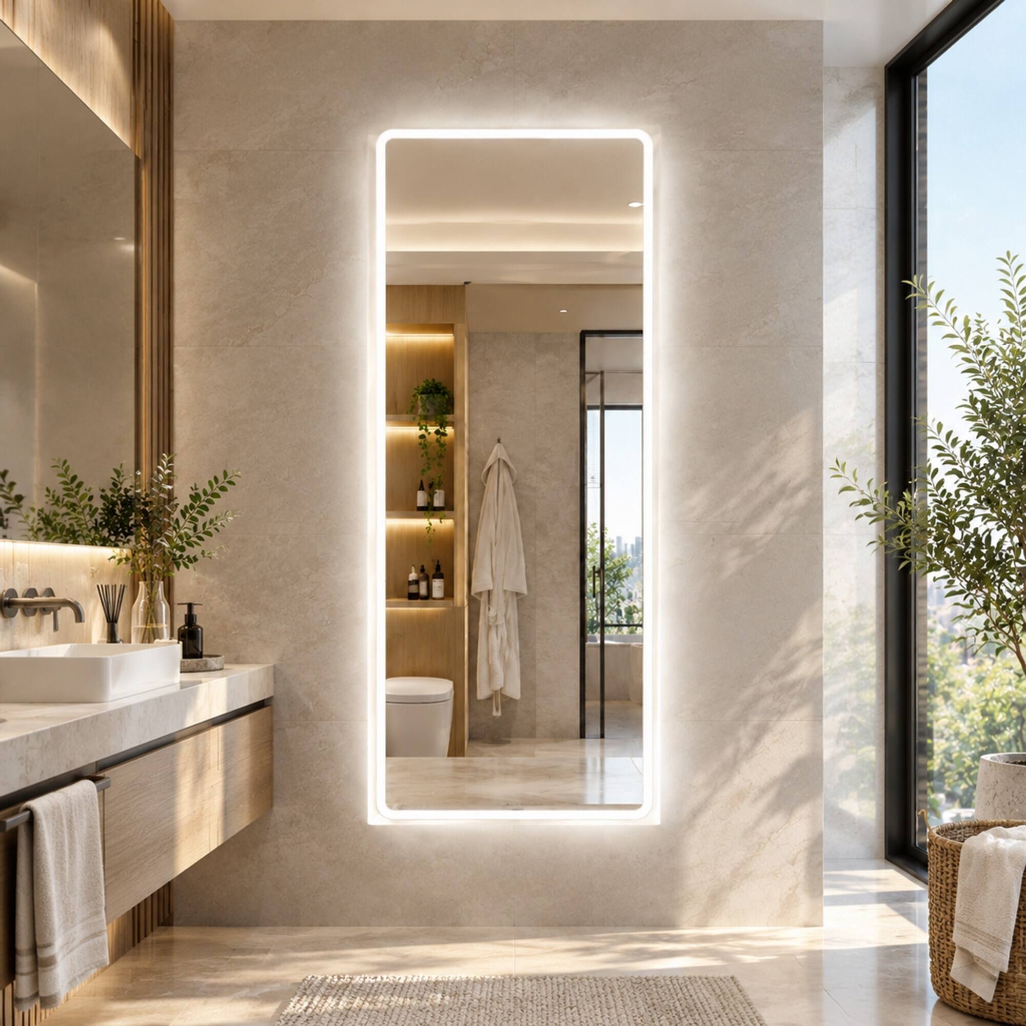 Angle. RYHNUYNE - 65 in x 21.7 in LED Full Length Mirror, Rounded Corners, Tempered HD Glass, Wall Mounted or Free Standing, Bedroom - Clear.