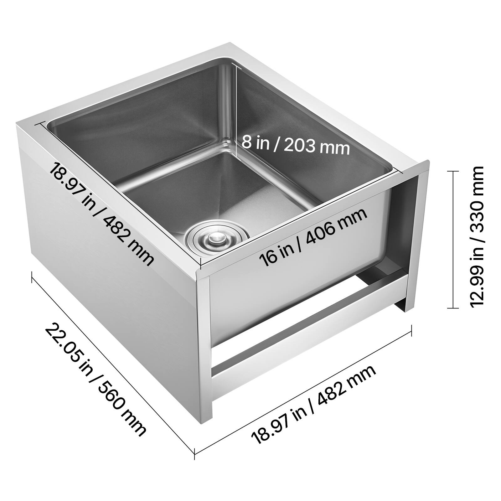 Stainless Steel Floor Mop Sink, 22 x 19 x 12 in, 304