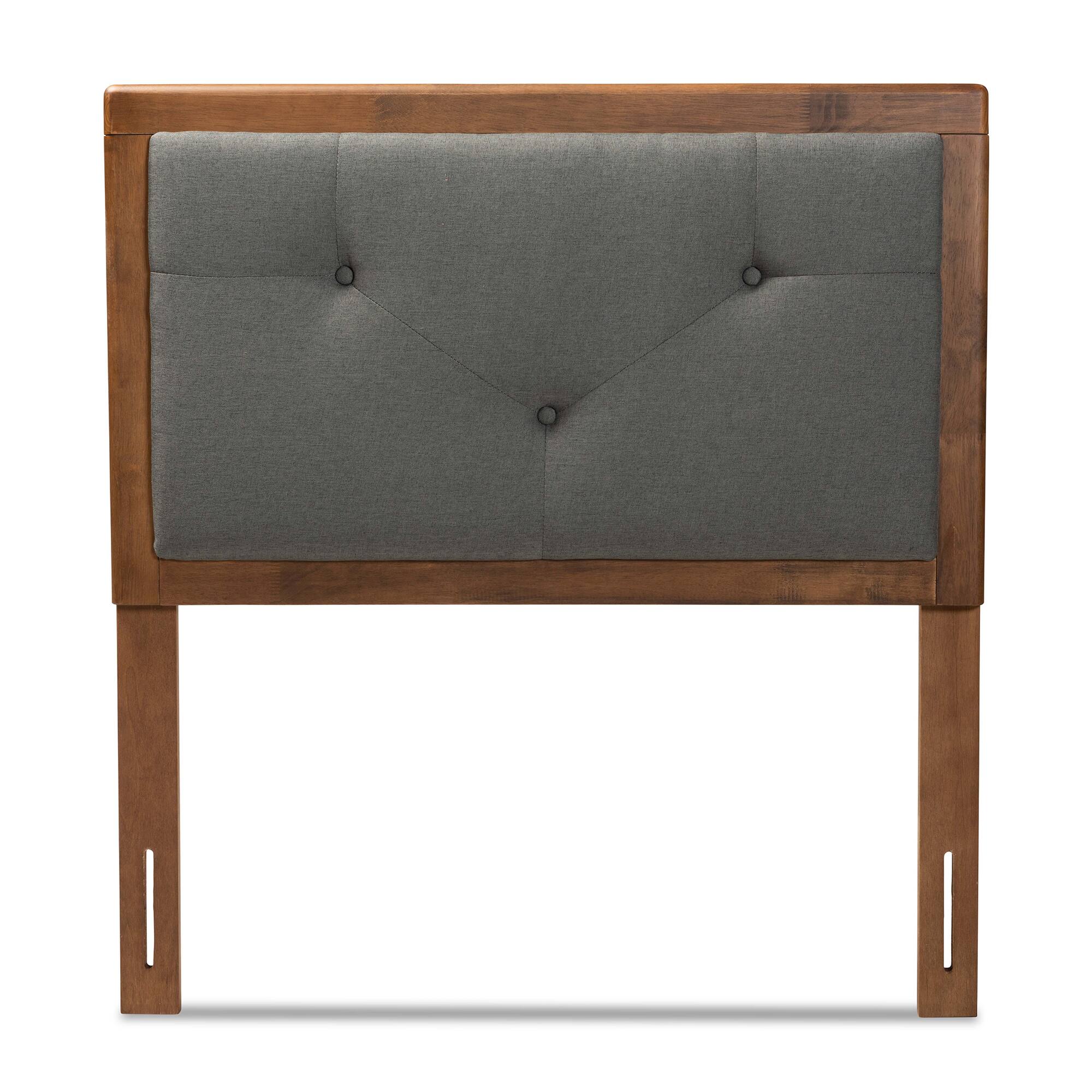 Angle. Baxton Studio - Abner Modern and Contemporary Transitional Fabric Upholstered and Finished Wood Twin Size Headboard - Dark Grey/Walnut Brown.