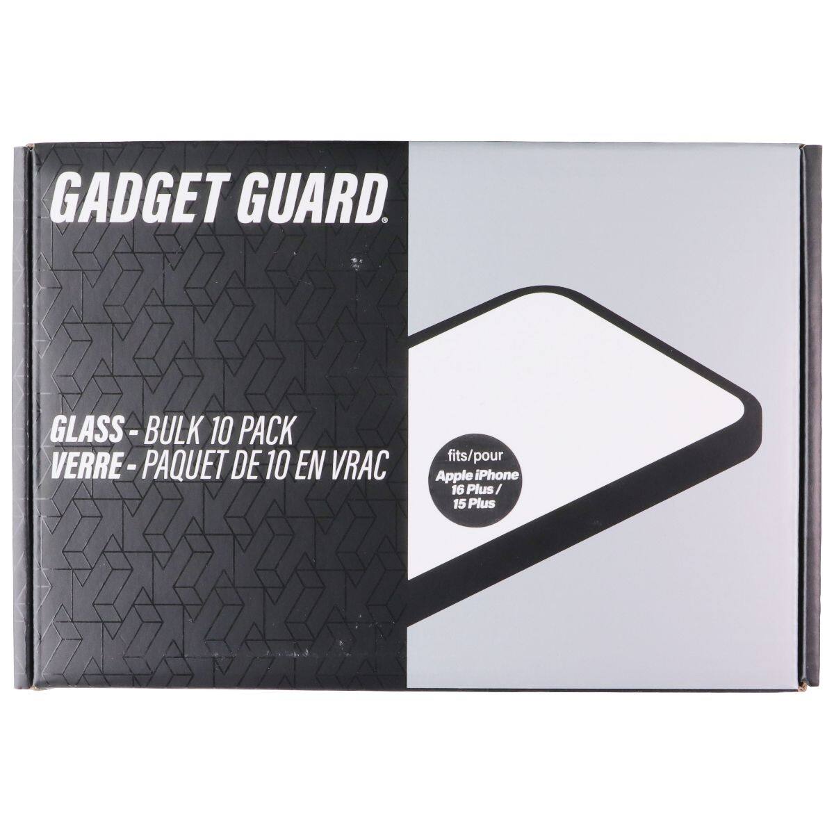 GADGET GUARD.  
GLASS - BULK 10 PACK  
VERRE - PAQUET DE 10 EN VRAC  
fits/pour Apple iPhone 16 Plus / 15 Plus