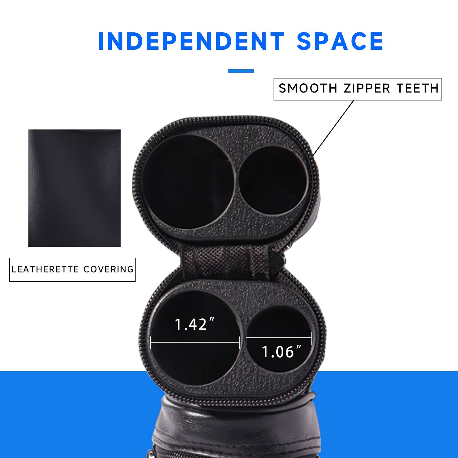 INDEPENDENT SPACE
LEATHERETTE COVERING
SMOOTH ZIPPER TEETH
1.42"
1.06"