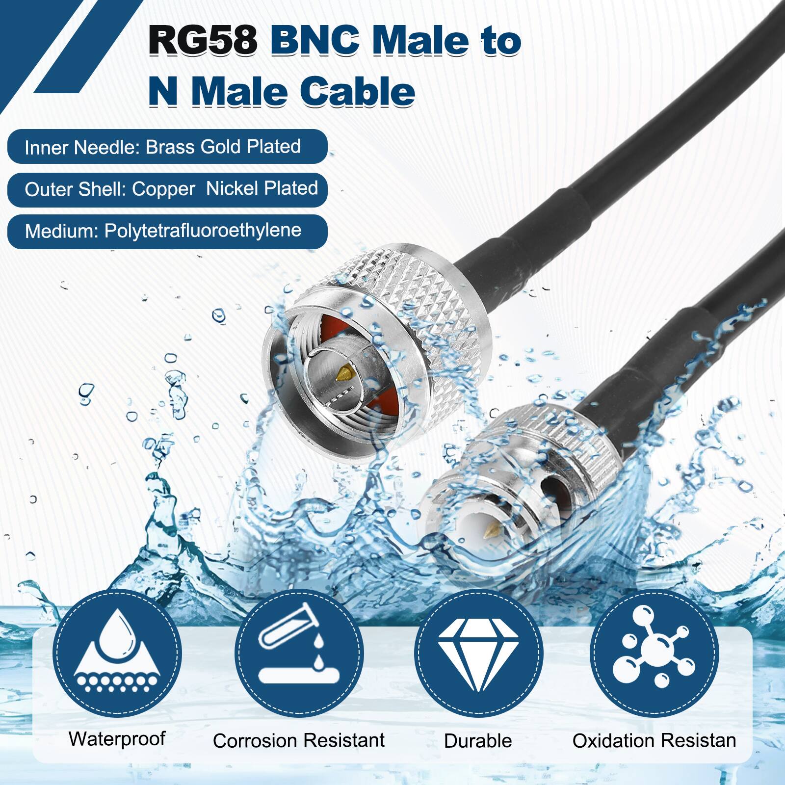 RG58 BNC Male to N Male Cable

- Inner Needle: Brass Gold Plated
- Outer Shell: Copper Nickel Plated
- Medium: Polytetrafluoroethylene

Features:
- Waterproof
- Corrosion Resistant
- Durable
- Oxidation Resistant