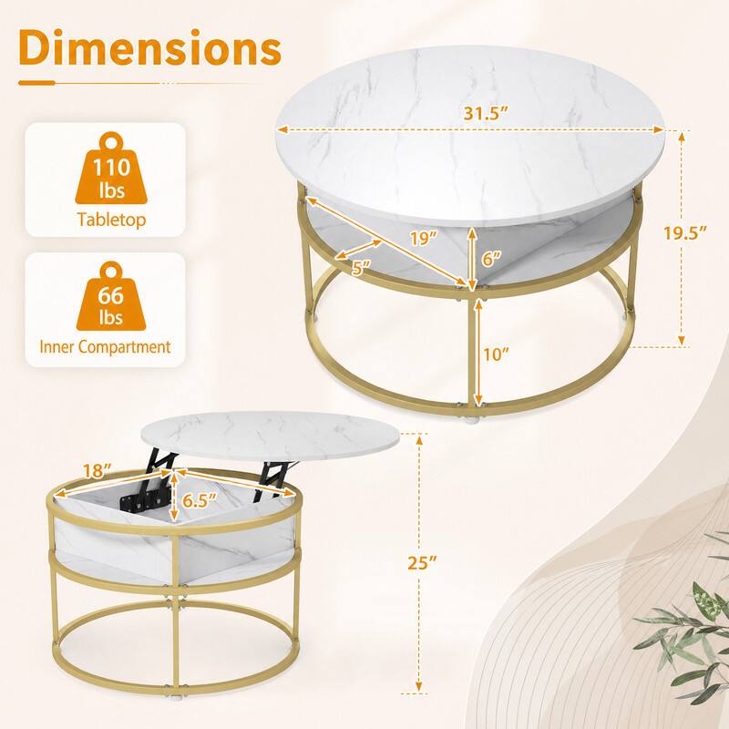 Dimensions
- Tabletop: 31.5" diameter, 110 lbs
- Inner Compartment: 19" diameter, 66 lbs
- Height: 25"
- Tabletop Thickness: 5"
- Inner Compartment Height: 10"
- Inner Compartment Depth: 19.5"
- Inner Compartment Width: 18"
- Inner Compartment Height: 6.5"