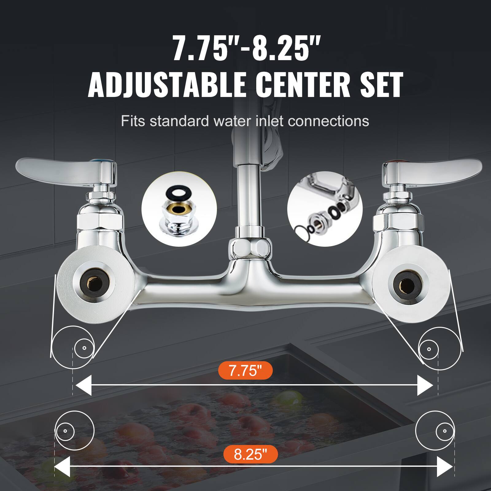 7.75"-8.25" Adjustable Center Set  
Fits standard water inlet connections