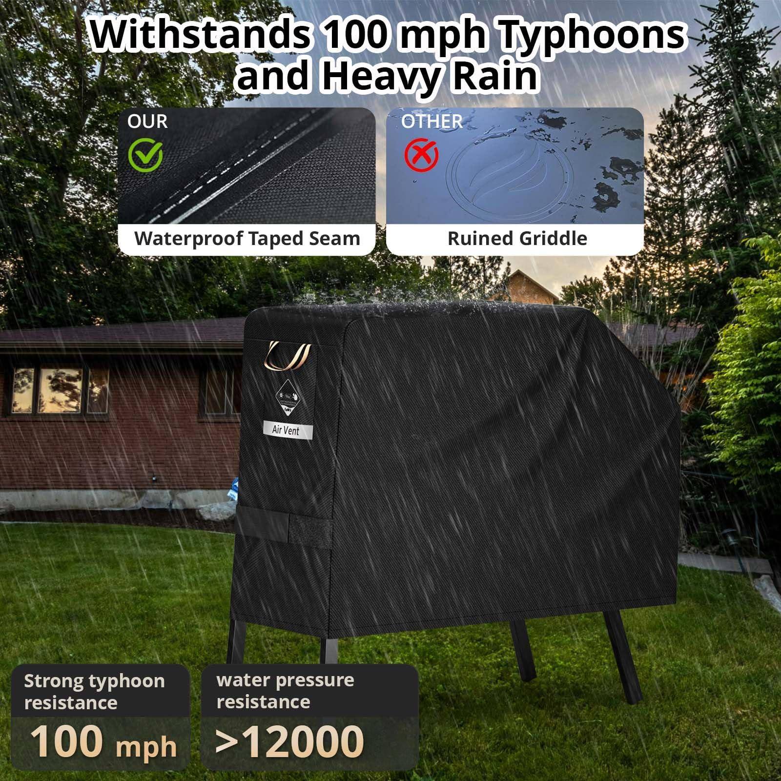 Withstands 100 mph Typhoons and Heavy Rain

OUR
Waterproof Taped Seam

OTHER
Ruined Griddle

Strong typhoon resistance
100 mph

water pressure resistance
>12000