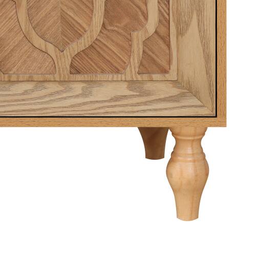 Alt View 1. LUCKY ONE - Freestanding Large Storage Cabinet with Carved Flower Door Metal Handle for Living Room Kitchen Entryway - Natural Wood.