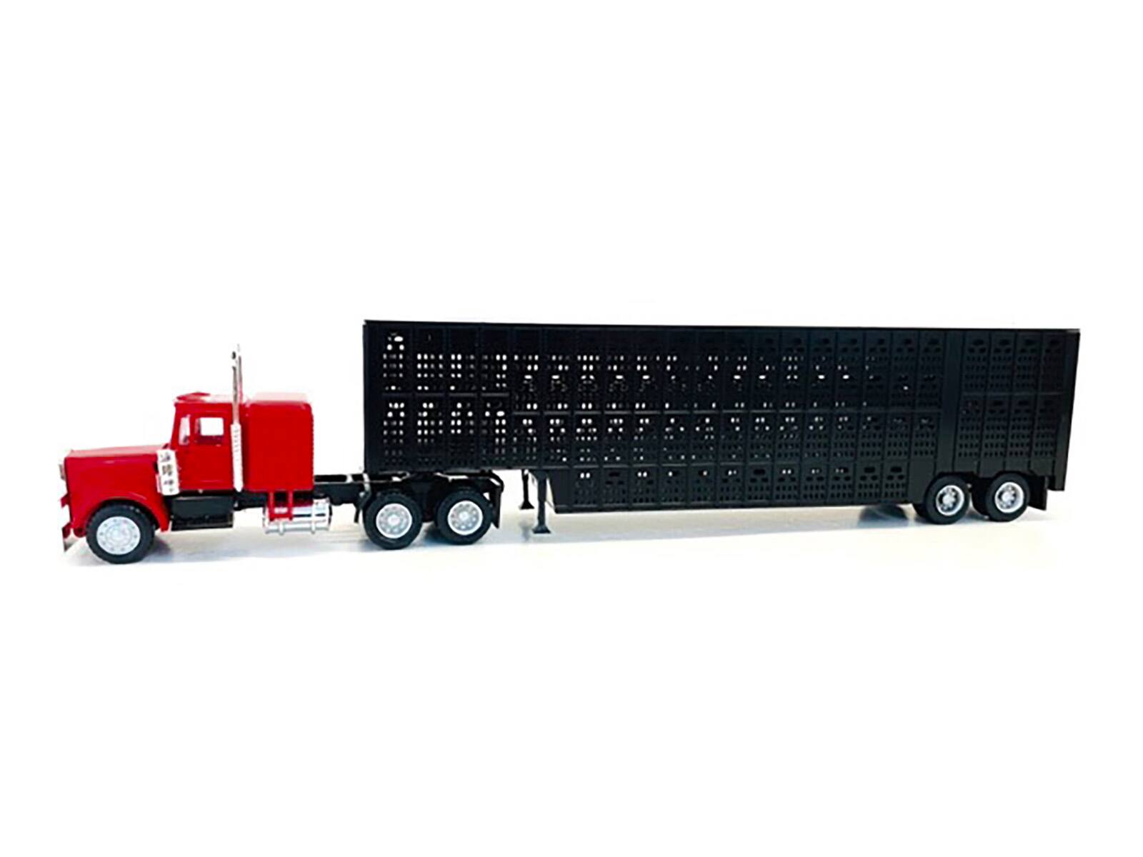 Alt View 1. Promotex - Peterbilt with Sleeper Cab Red with Black Livestock Trailer 1/87 (HO) Plastic Model Car by Promotex.