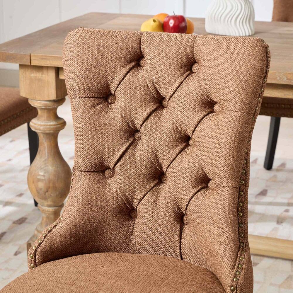 Alt View 6. Loheer - Loheer Tufted Linen Dining Chairs Set of 2 Coffee Solid Wood Upholstered Nailhead Trim Mid-Century Modern High Back - Coffee.