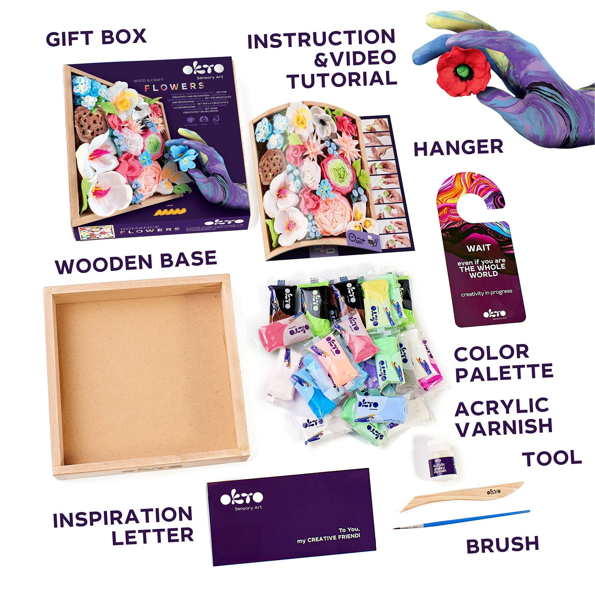 GIFT BOX, INSTRUCTION & VIDEO TUTORIAL, HANGER, WOODEN BASE, INSPIRATION LETTER, COLOR PALETTE, ACRYLIC VARNISH, TOOL, BRUSH