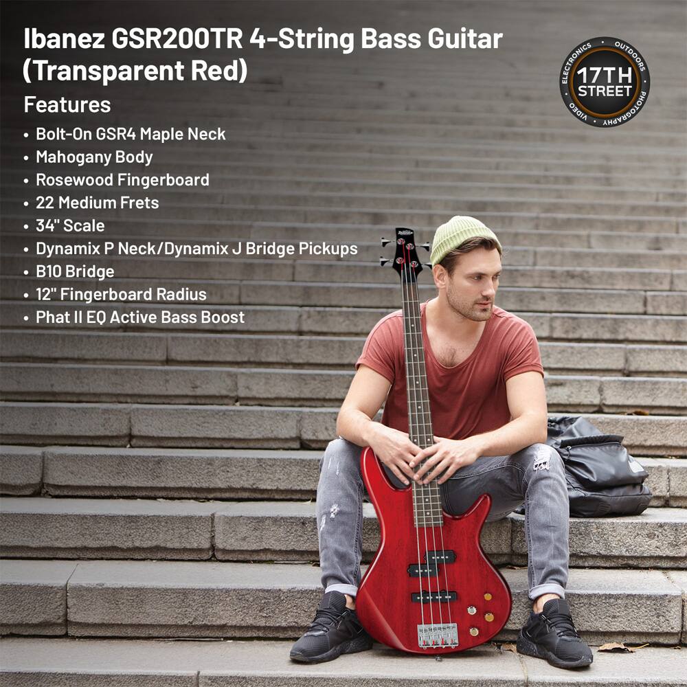Ibanez GSR200TR 4-String Bass Guitar (Transparent Red)

Features
- Bolt-On GSR4 Maple Neck
- Mahogany Body
- Rosewood Fingerboard
- 22 Medium Frets
- 34" Scale
- Dynamix P Neck/Dynamix J Bridge Pickups
- B10 Bridge
- 12" Fingerboard Radius
- Phat II EQ Active Bass Boost

ELECTRONICS • OUTDOORS
17TH STREET VIDEO
