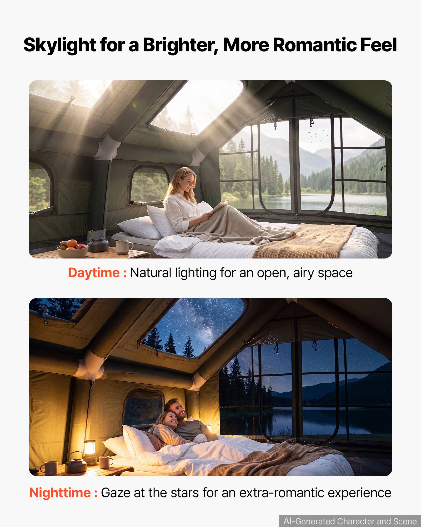 Skylight for a Brighter, More Romantic Feel

Daytime: Natural lighting for an open, airy space

Nighttime: Gaze at the stars for an extra-romantic experience

AI-Generated Character and Scene