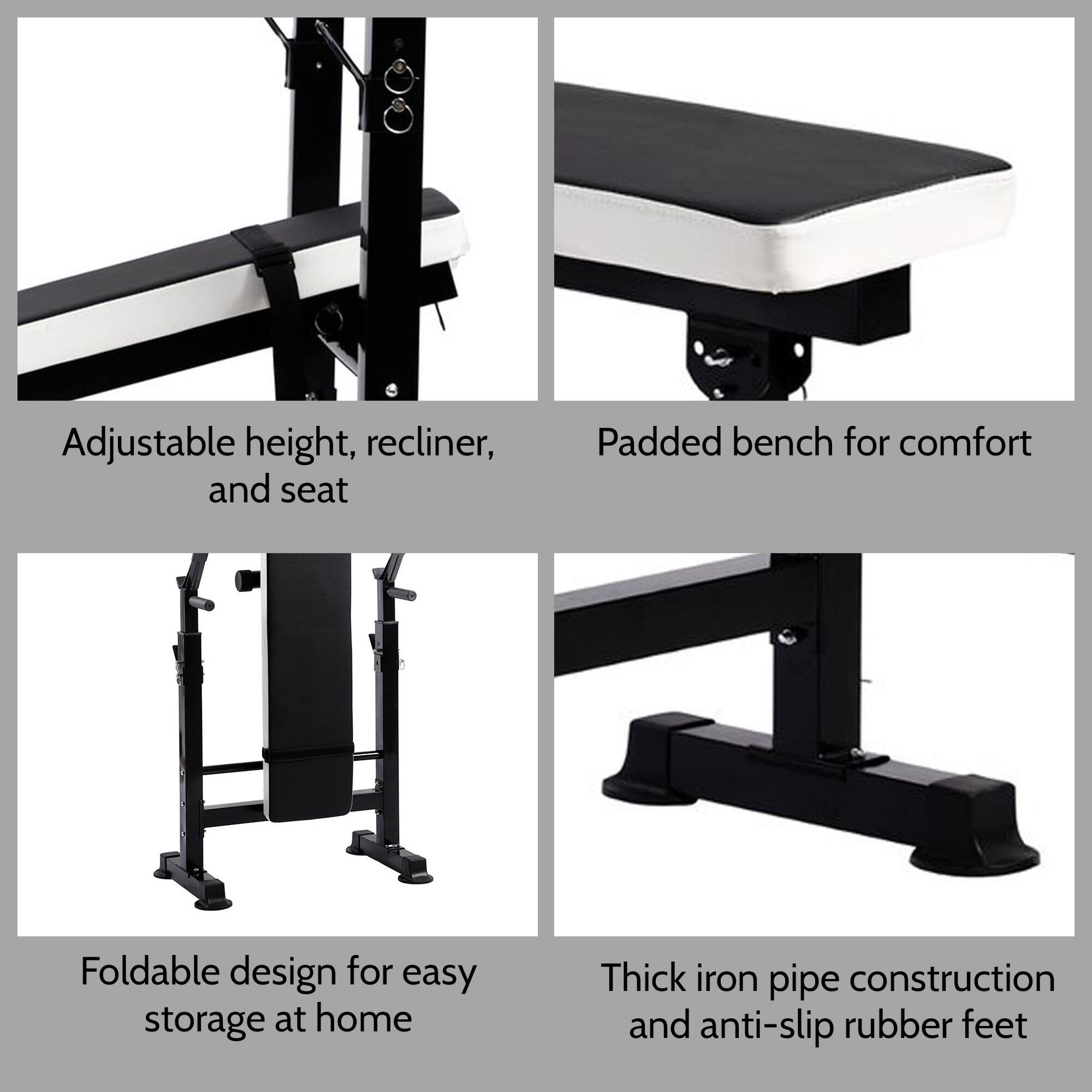 - Adjustable height, recliner, and seat
- Padded bench for comfort
- Foldable design for easy storage at home
- Thick iron pipe construction and anti-slip rubber feet