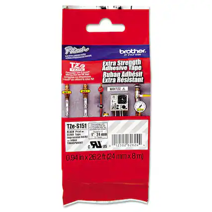 **Brother**
at your side
**P-touch**
ELECTRONIC LABELING SYSTEM
SYSTÈME D'ÉTIGNEGE ÉLECTRONIQUE
**Extra Strength Adhesive Tape**
Ruban Adhésif Extra Résistant
**Compatible with P-touch labelers that use TZe tape**
Compatible avec les étiqueteuses P-touch qui utilisent le ruban TZe
**TZe-e151**
BLACK Print on CLEAR Tape
Impression NOIRE sur ruban TRANSPARENT
**1" (24 mm) Tape**
Ruban 1" (24 mm)
**0.94 in x 26.2 ft (24 mm x 8 m)**
**Compatible with TZe-S151 machines**
Compatible avec les appareils TZe-S151
**MAIN FUSE**
FUSE PRINCIPAL
**WAVE 1**
**WAVE 2**
**Barcode:** 12502 62624