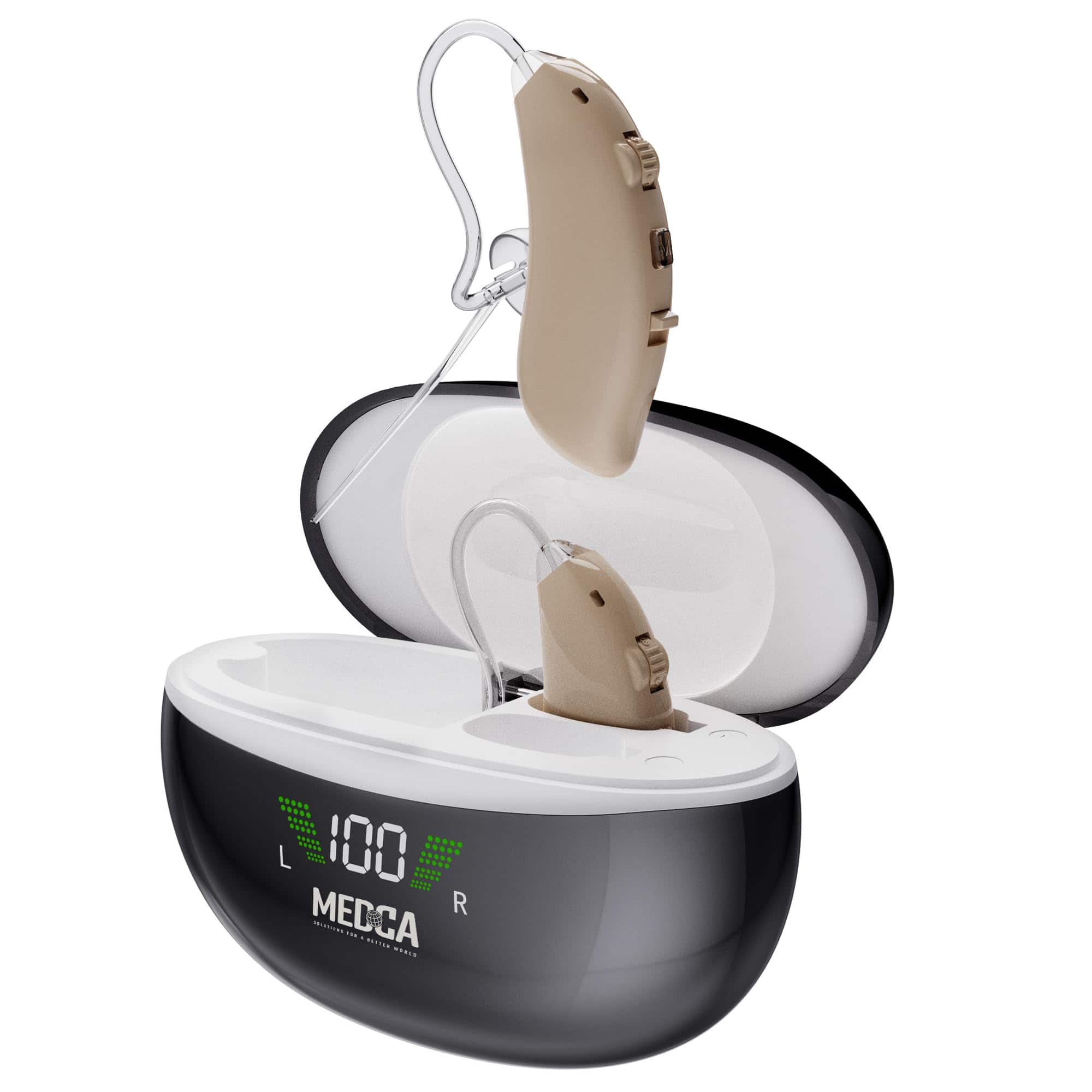 MEDca - Rechargeable Hearing Aids for Seniors - BTE Digital Hearing Amplifier with Noise Cancelling, Magnetic Charging Case - Biege