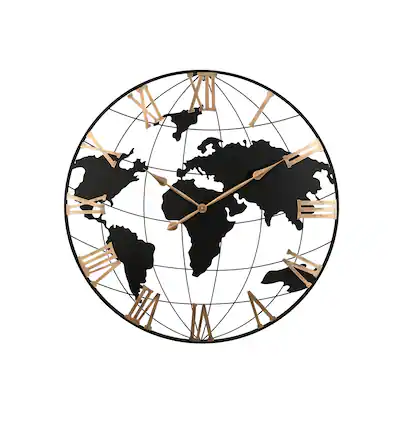 Front. BreeBe - 36-Inch Extra Large Black Metal Wall Clock, Modern Silent World Map with Vintage Gold Roman Numerals, Home Decor - Black+Gold.