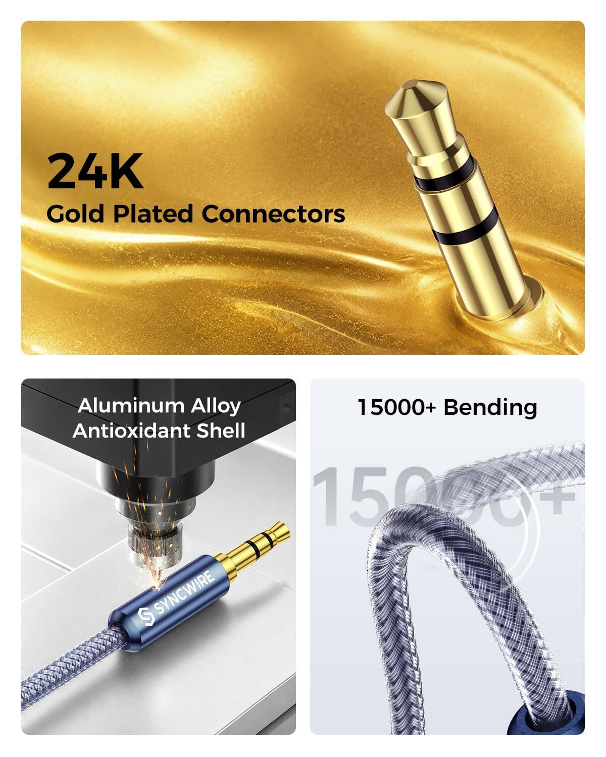 24K Gold Plated Connectors  
Aluminum Alloy Antioxidant Shell  
15000+ Bending