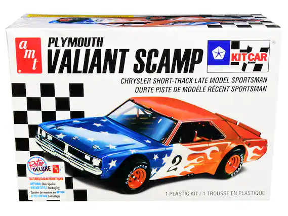 a m t
PLYMOUTH VALIANT SCAMP
CHRYSLER SHORT-TRACK LATE MODEL SPORTSMAN
OURTE PISTE DE MODÈLE RÉCENT SPORTSMAN
Retro DELUXE
FEATURES/CARACTÉRISTIQUES
- OPTIONAL Chin Spoiler
- VINTAGE STYLE Packaging
- Spoiler de menton en OPTION
- STYLE VINTAGE Emballage
1 PLASTIC KIT / 1 TROUSSE EN PLASTIQUE