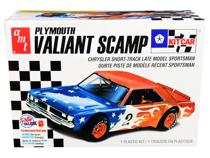a m t  
PLYMOUTH VALIANT SCAMP  
CHRYSLER SHORT-TRACK LATE MODEL SPORTSMAN  
OURTE PISTE DE MODÈLE RÉCENT SPORTSMAN  

Retro DELUXE  

FEATURES/CARACTÉRISTIQUES  
- OPTIONAL Chin Spoiler  
- VINTAGE STYLE Packaging  
- Spoiler de menton en OPTION  
- STYLE VINTAGE Emballage  

1 PLASTIC KIT / 1 TROUSSE EN PLASTIQUE