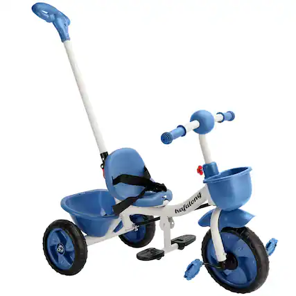 Front. Topteng - 2-in-1 Toddler Tricycle with Steerable Push Handle - High Carbon Steel Frame, Foldable Footrest, Blue, for Boys & Girls.