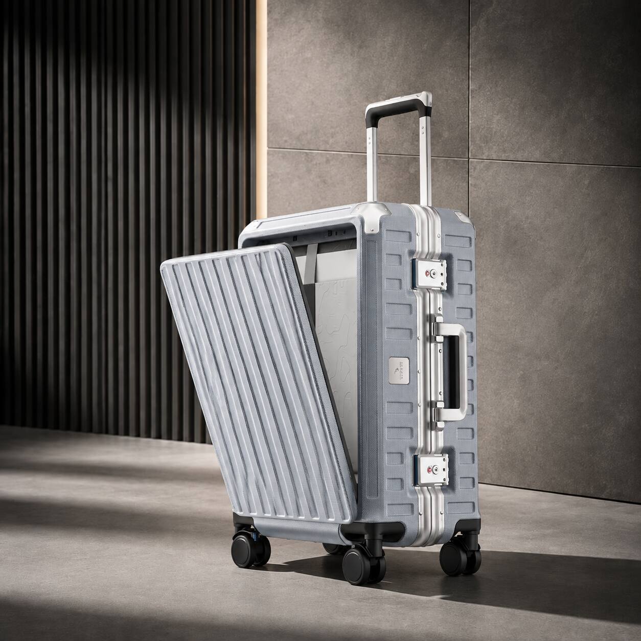 Angle. LUGGEX - LUGGEX 21 Inch Carry On Aluminum Luggage, 100% PC shell Zipperless Suitcase SF81 - ZX-Pro - Silver.