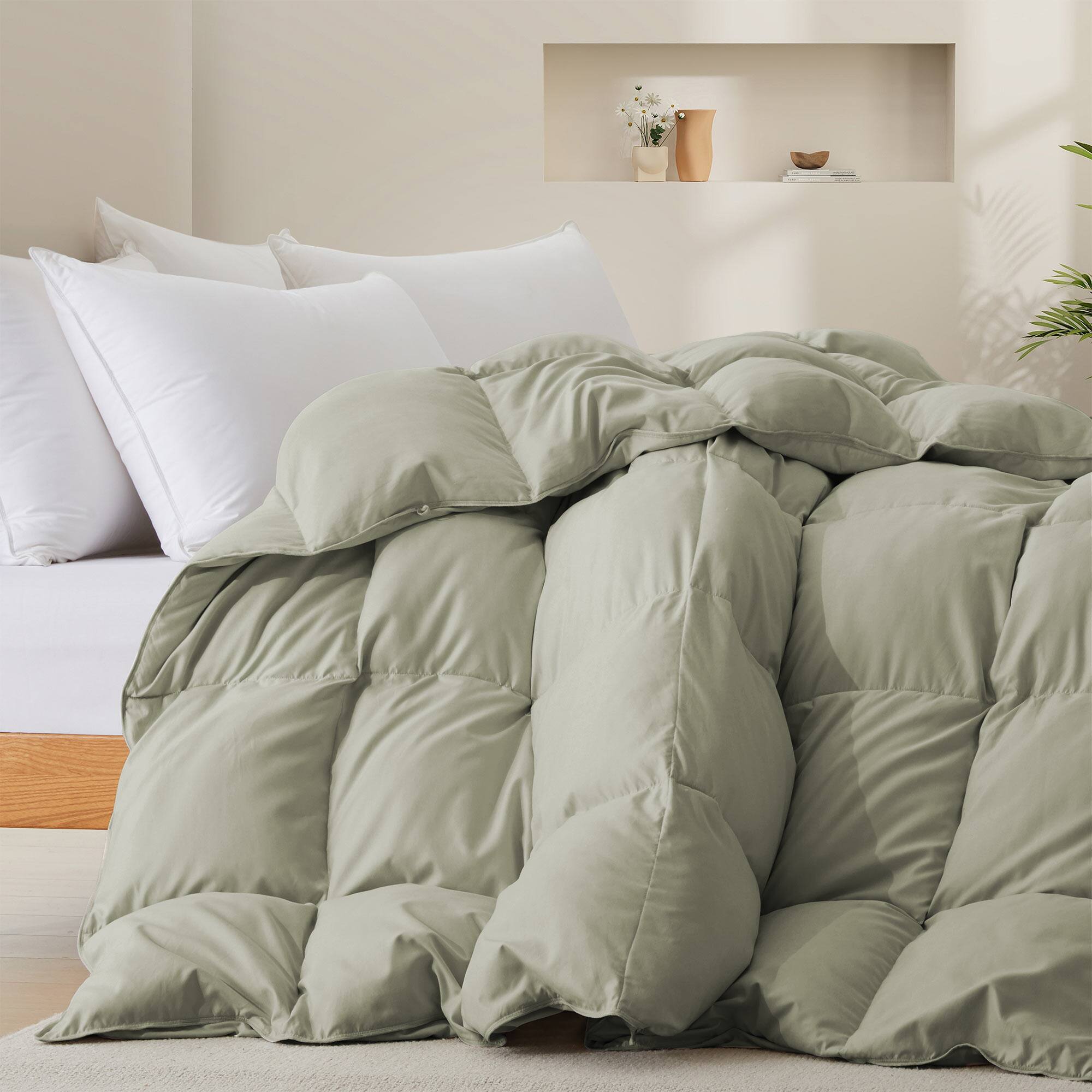 Angle. Peace Nest - Peace Nest All-Season Medium Warmth White Goose Feather Down Fiber Comforter Duvet Insert, Sage Green, Cal King - Sage Green.