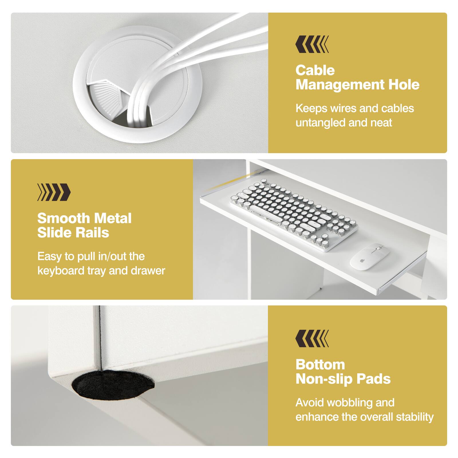 Cable Management Hole, Smooth Metal Slide Rails, Bottom Non-slip Pads