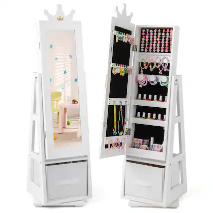 Front. Costway - Costway Kids Jewelry Cabinet with Full-Length Mirror Foldable Drawer Anti-toppling System - White.