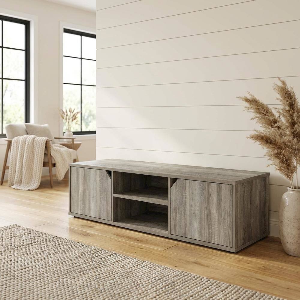 Alt View 2. FurniFact - Wood TV Stand for Up to 55 Inch Displays in French Oak Finish with Modern Design - Gray.