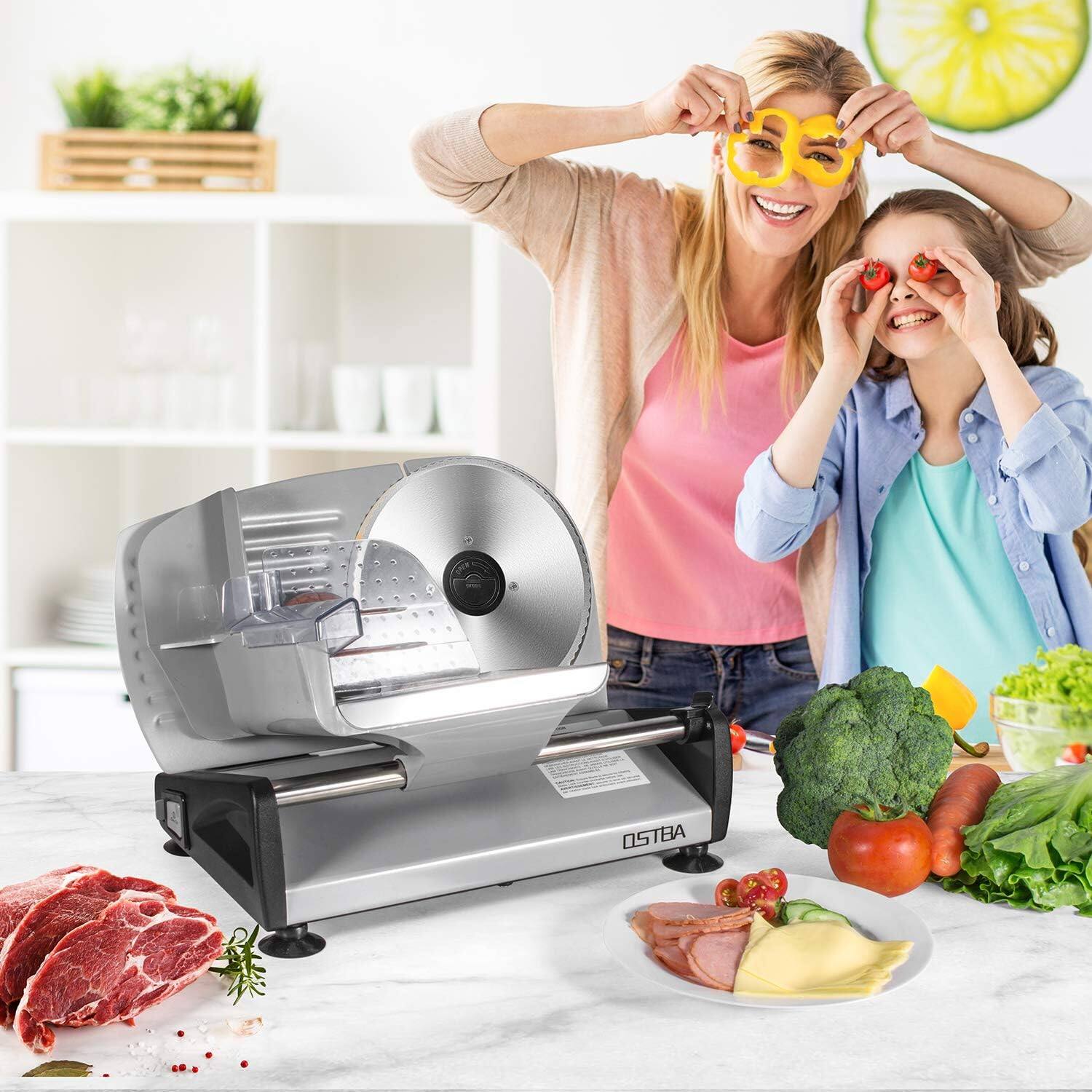 Alt View 6. OSTBA - 150W Electric Meat Slicer, 7.5" Stainless Steel Blade, Adjustable Thickness, Child Lock, Removable Carriage - Sliver.