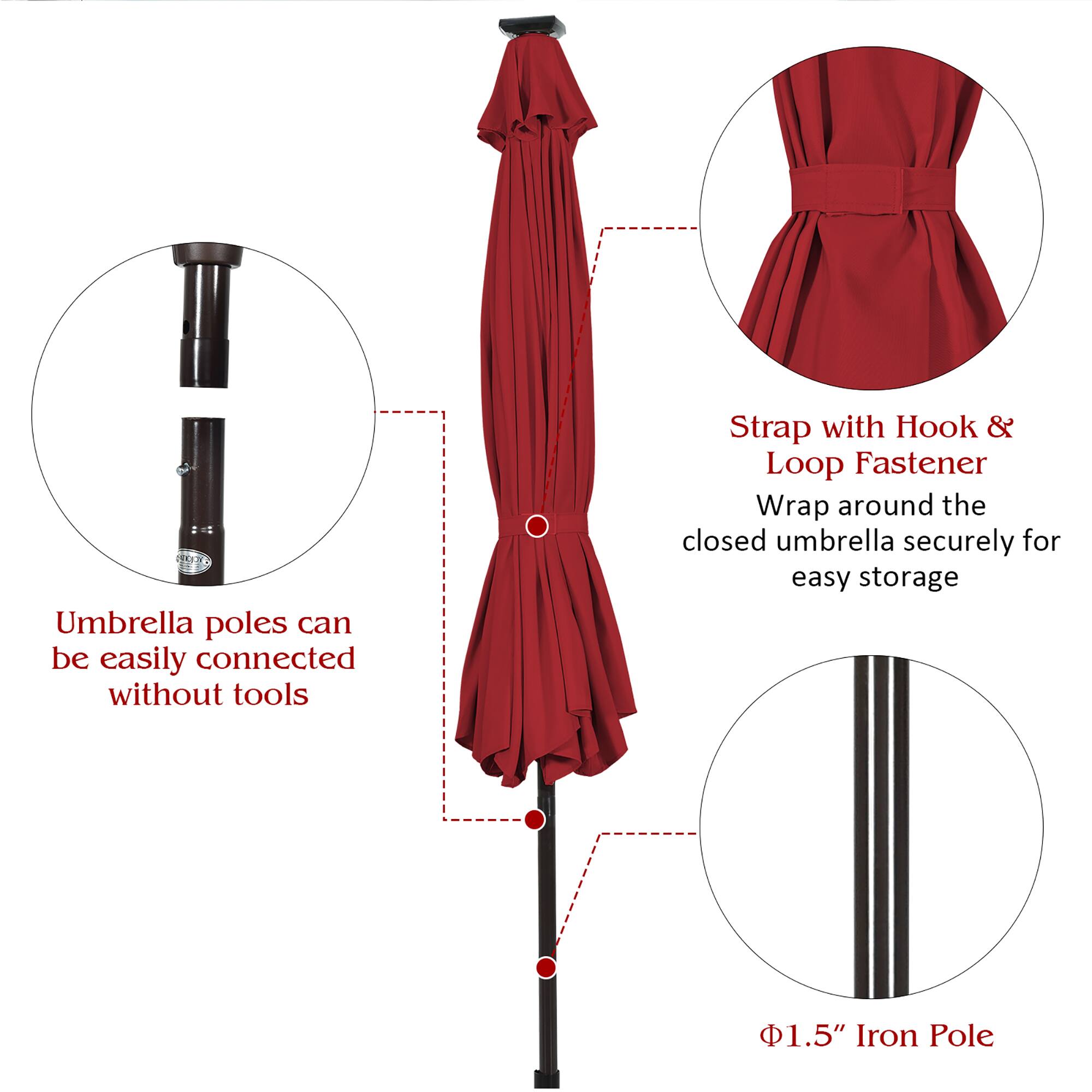 The image shows a red umbrella with a pole and hook and loop fastener. The umbrella pole can be easily connected without tools, and the strap with hook and loop fastener can be used to wrap around the closed umbrella securely for easy storage. The umbrella pole is made of 1.5" iron.