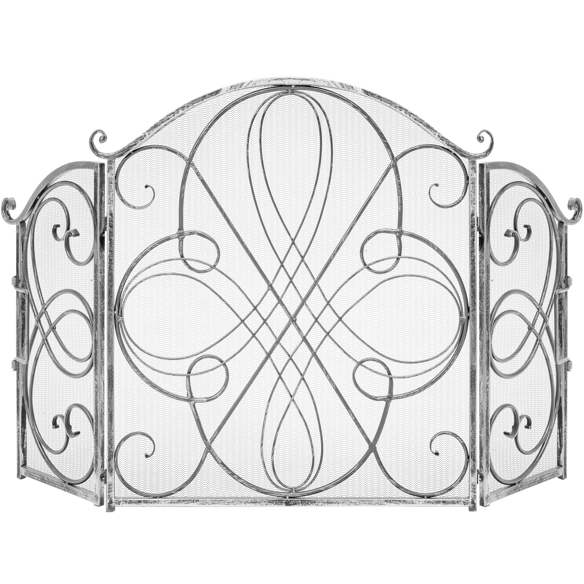 Best Choice Products - 3-Panel 55x33in Wrought Iron Fireplace Safety Screen Decorative Scroll Spark Guard Cover - Pewter