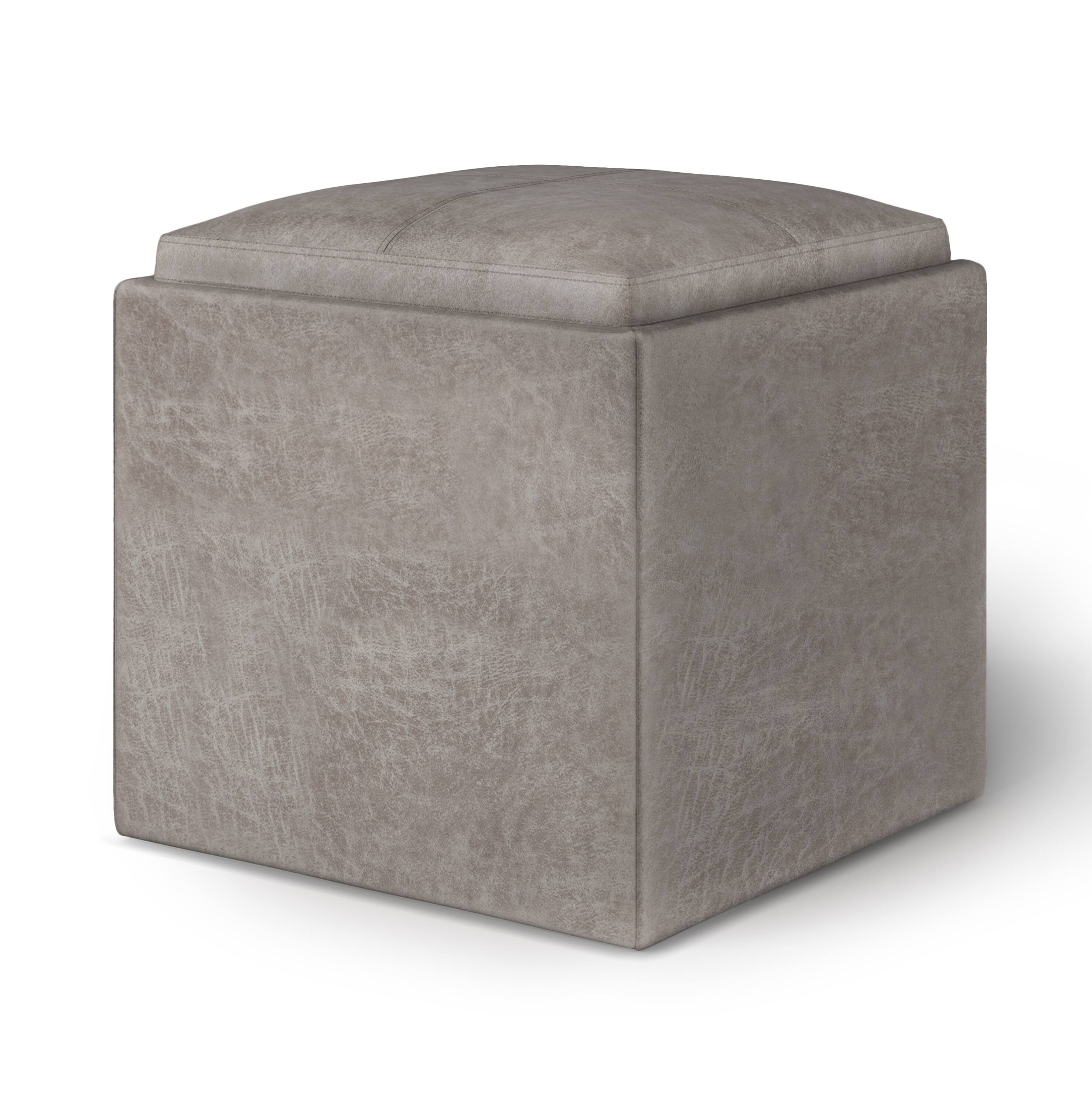 Angle. Simpli Home - Rockwood Cube Storage Ottoman with Tray - Distressed Grey Taupe.