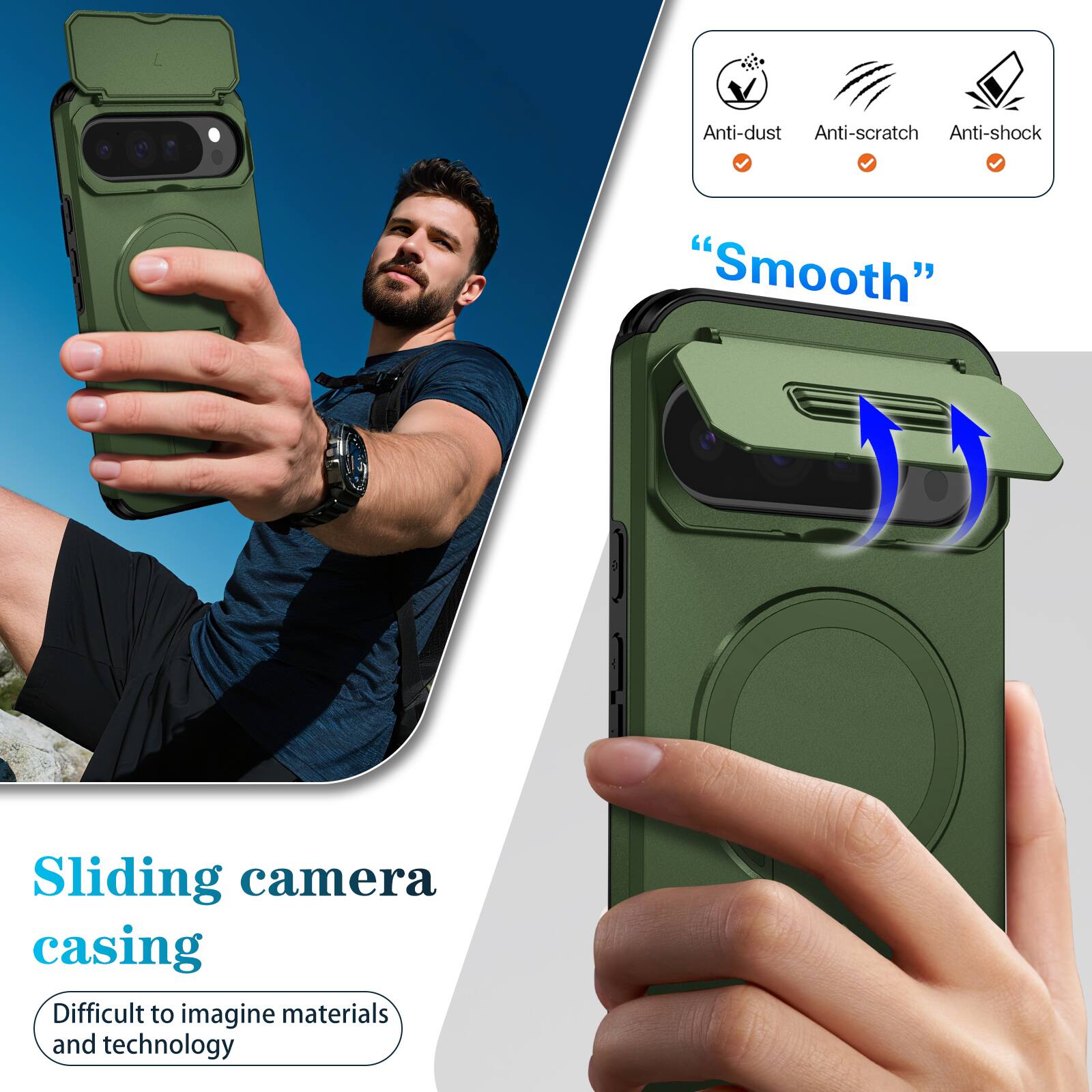 Anti-dust  
Anti-scratch  
Anti-shock  
"Smooth"  
Sliding camera casing  
Difficult to imagine materials and technology