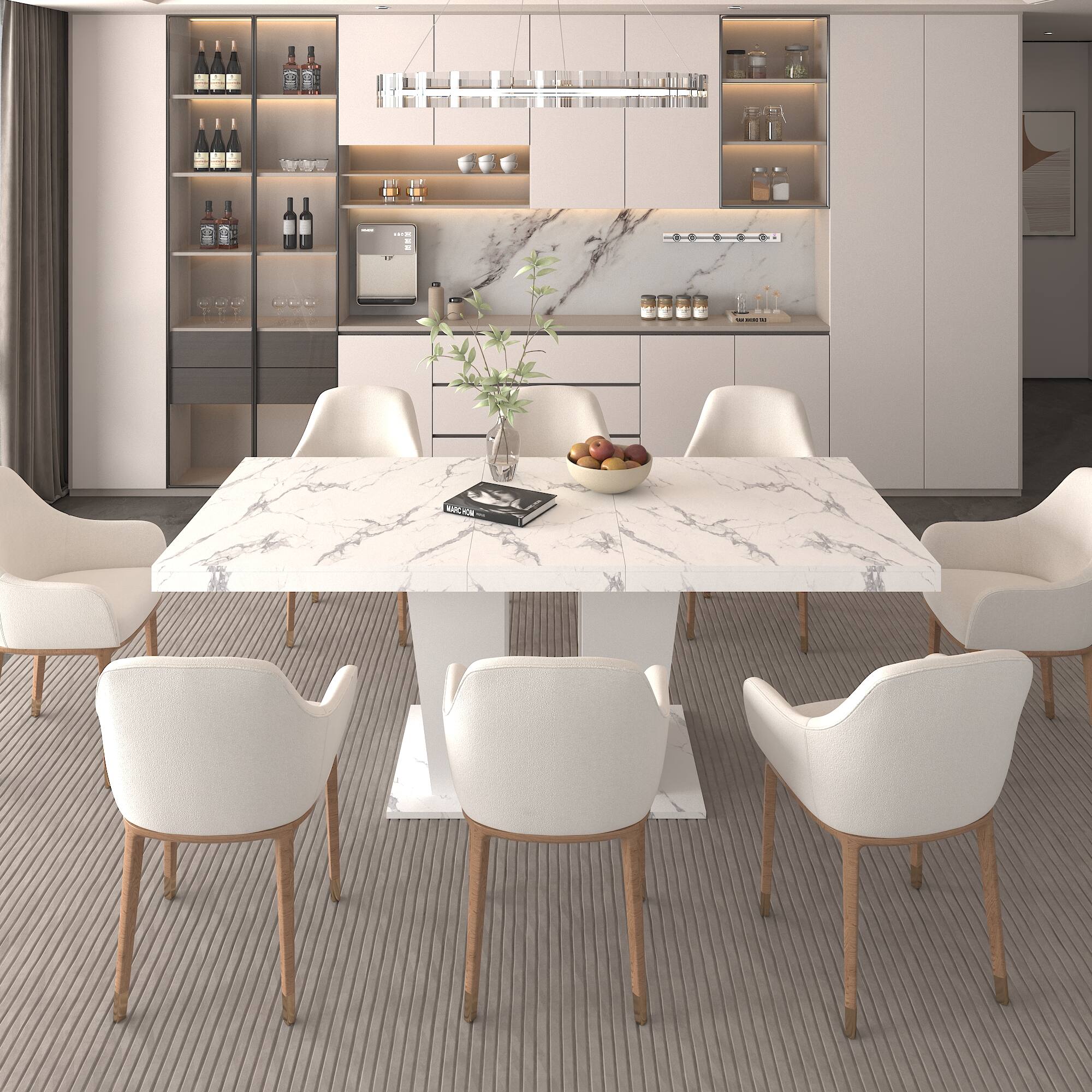 Alt View 1. Tiramisubest - Modern Extendable Dining Table for 4-10, White Faux Marble Wooden Rectangle Table with Dual Column Pedestal Base - White Marble.