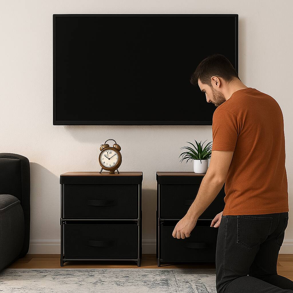 Angle. Hivvago - Fabric Drawer Side Table with Dual Storage Compartments - Black.