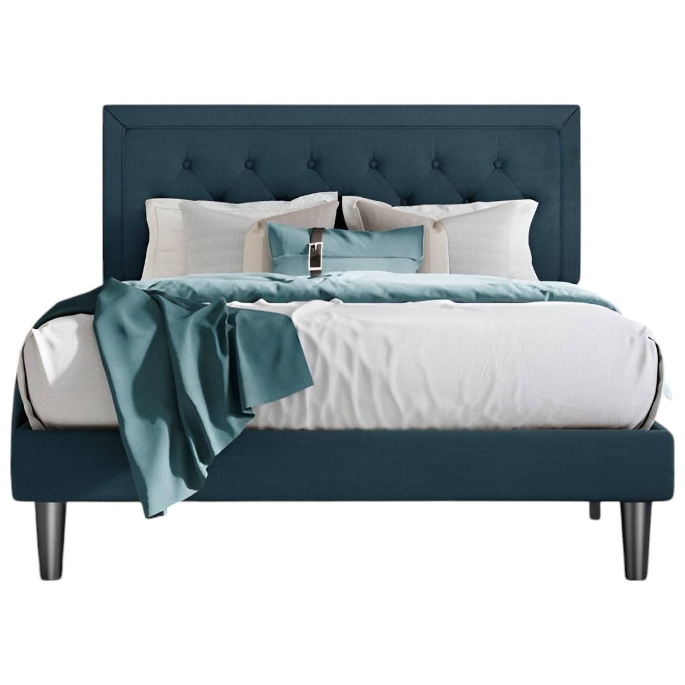 Front. SlickBlue - Adjustable Height Platform Bed Frame with Upholstered Headboard for Bedroom - Blue.