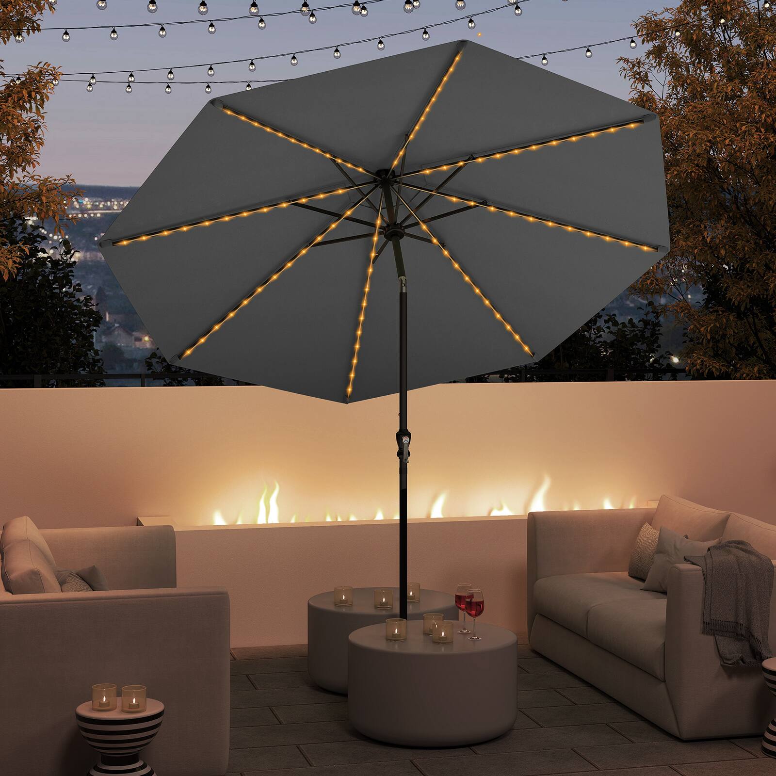 Alt View 1. Gymax - Gymax 10 FT Solar Patio Umbrella w/96 Multi-colored LED Lights & 9 Modes Vented Top Gray - Gray.