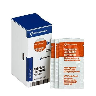 **First Aid Only**
**Neomycin Antibiotic Ointment**
**Antibiotic Ointment 20 Packs**
**Active Ingredient:**
- Neomycin Sulfate (3.5 mg Neomycin Base)
**Net WT:**
- 0.9g (0.03 oz)
**For External Use Only**
**First aid ointment to help prevent infection**
**SEA Z308**
**ANS: 7040**
**T31205-01-v0**
**Acme by T31205-01-v0**