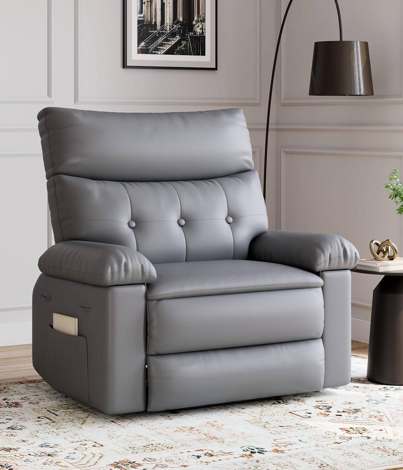 Alt View 3. Acekool - Oversized PU Leather Recliner Chair - Extra Plush 1.5X Thick Cushion Manual Reclining Chair - Grey.