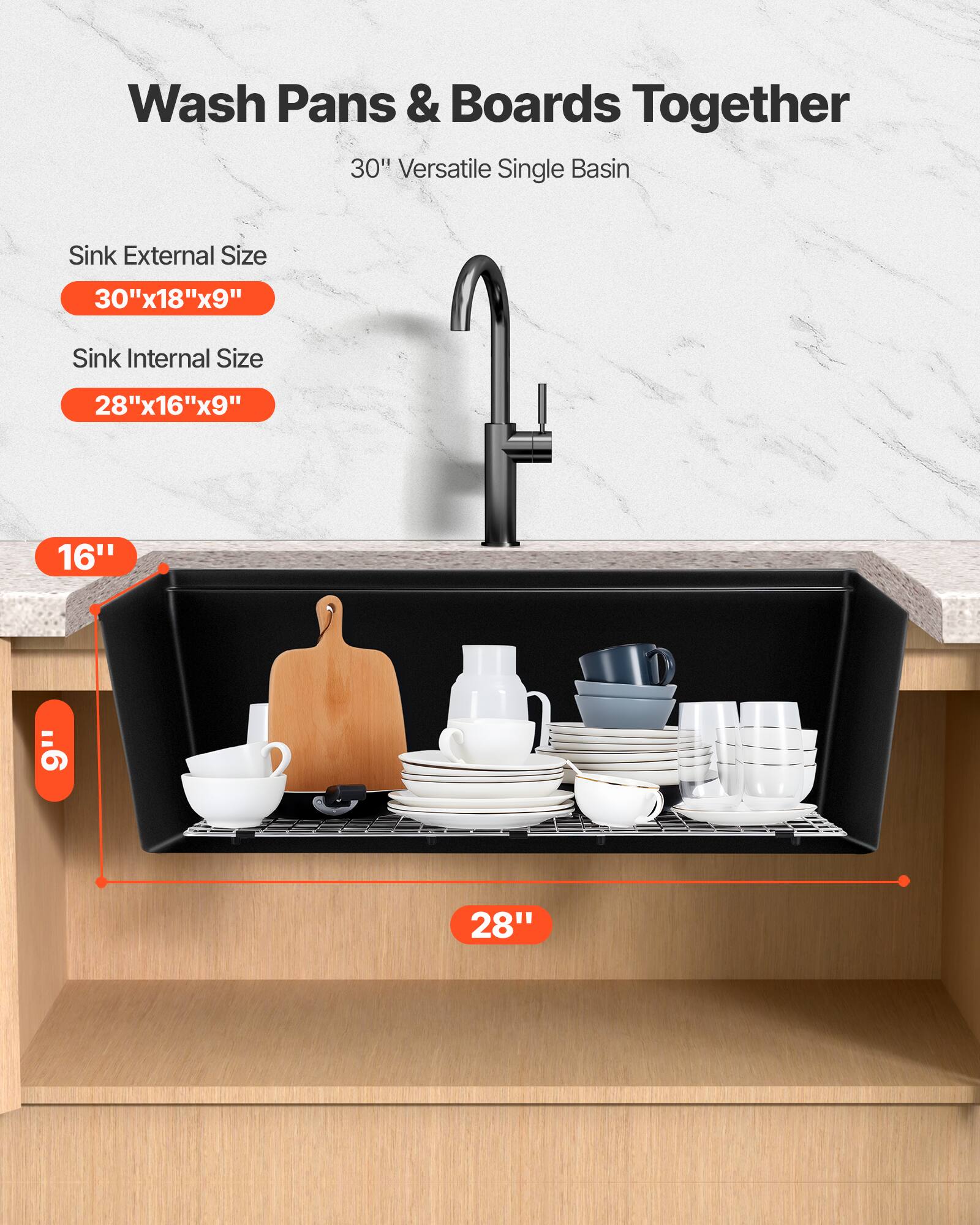 Wash Pans & Boards Together  
30" Versatile Single Basin  

Sink External Size  
30"x18"x9"  

Sink Internal Size  
28"x16"x9"  

16"  
9"  
28"