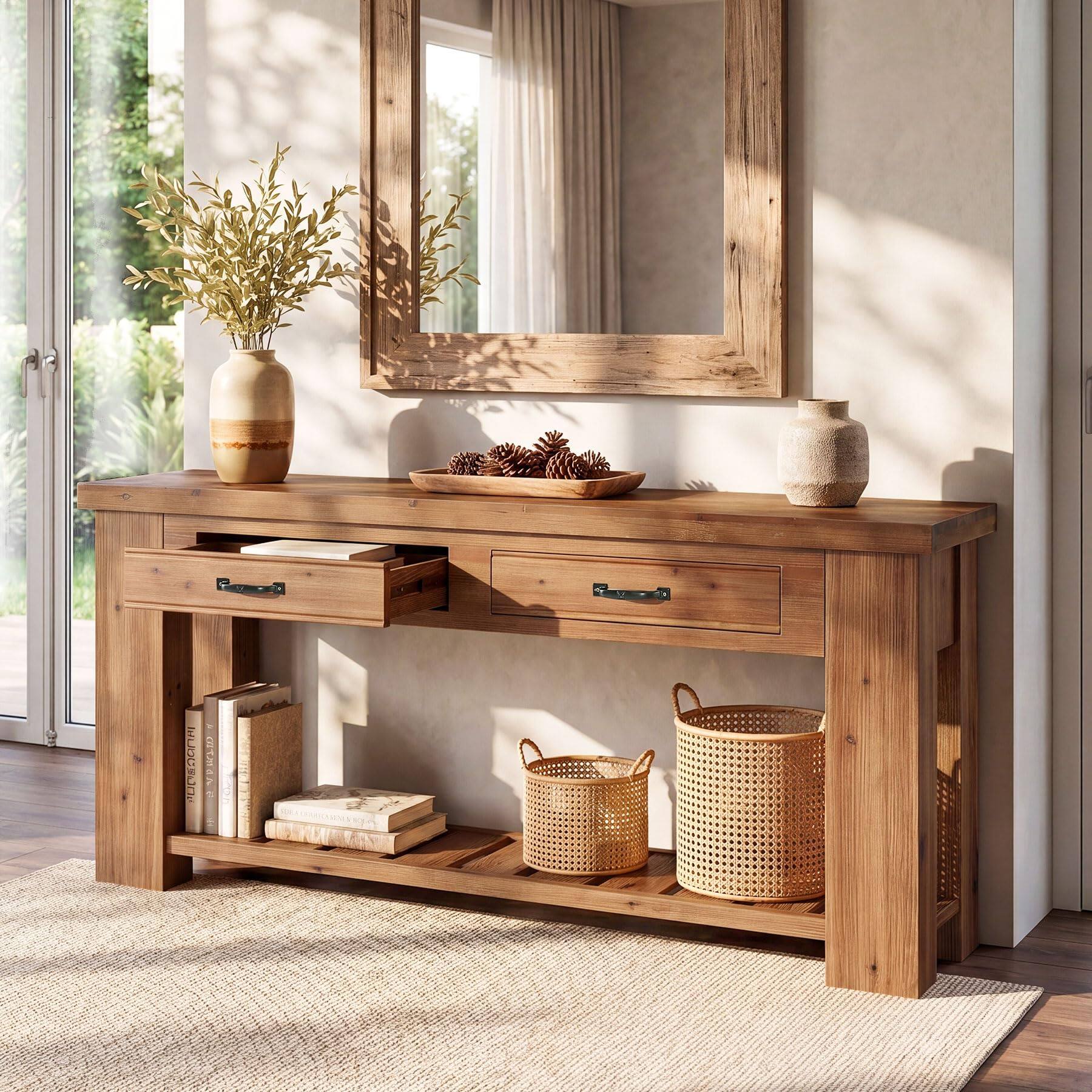 Back. Tribesigns - Wooden Console Table Farmhouse Solid - 63 Inch Long Sofa Table - Walnut.