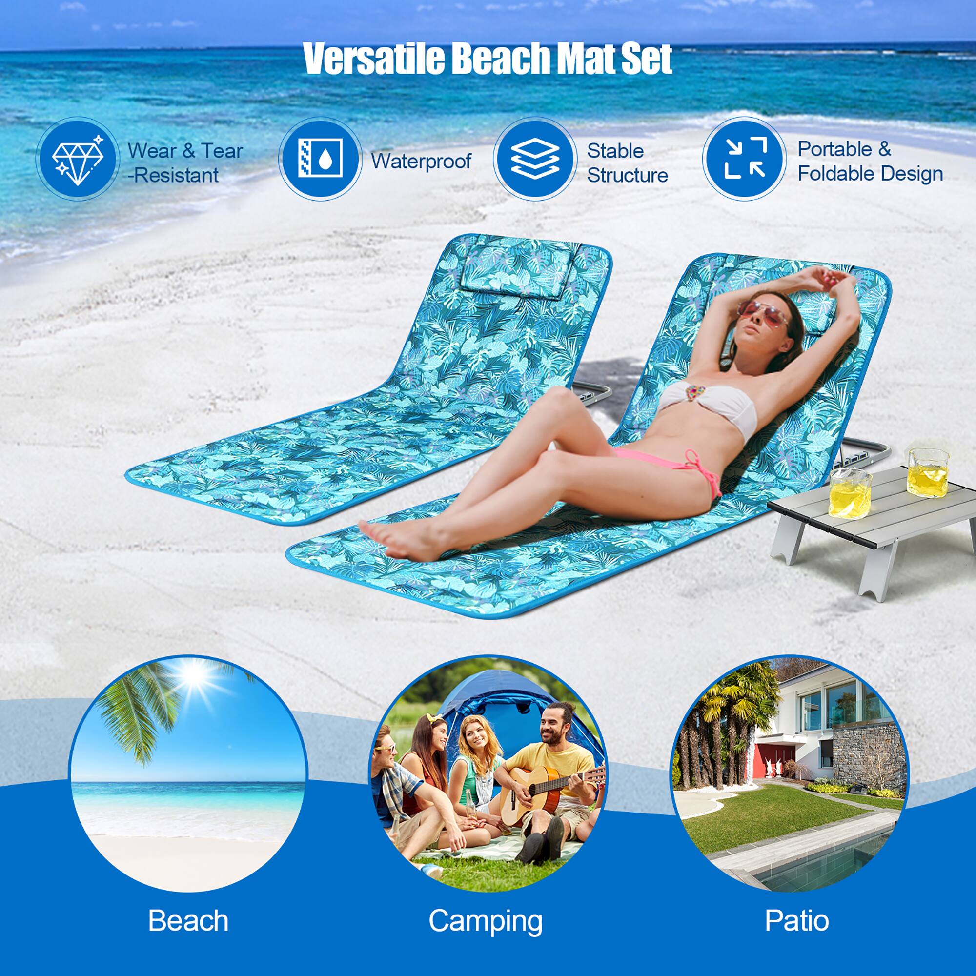 Versatile Beach Mat Set

- Wear & Tear Resistant
- Waterproof
- Stable Structure
- Portable & Foldable Design

Beach  
Camping  
Patio
