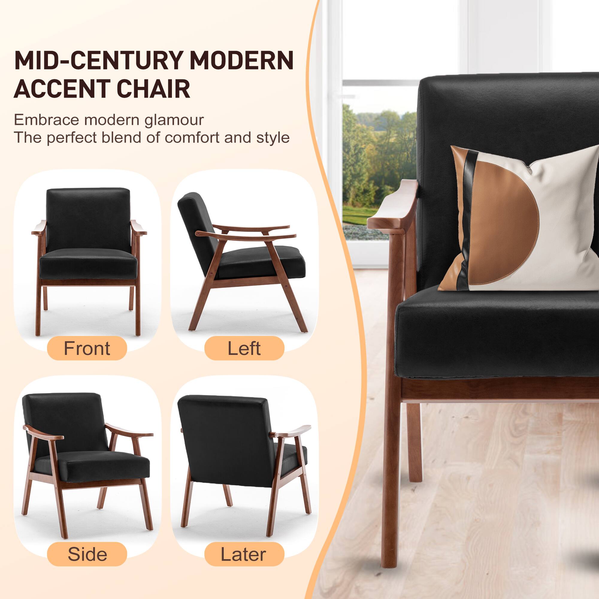 MID-CENTURY MODERN ACCENT CHAIR

Embrace modern glamour  
The perfect blend of comfort and style

Front  
Left  
Side  
Later