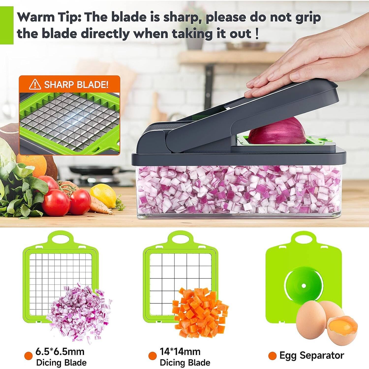 Warm Tip: The blade is sharp, please do not grip the blade directly when taking it out! SHARP BLADE! 6.5* 6.5mm Dicing Blade + 14 14*14mm Dicing Blade Egg Separator